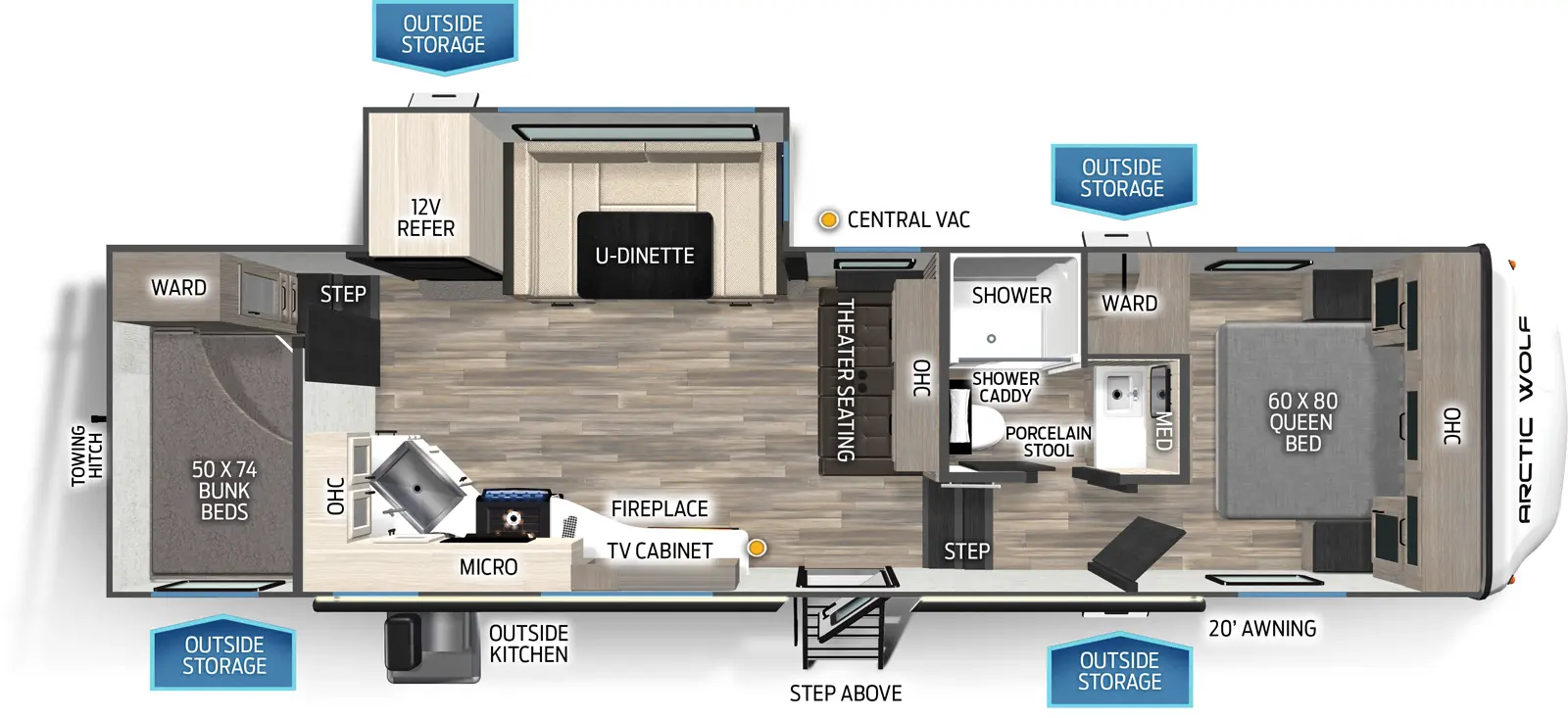 The 278BHS has one slideout and one entry. Exterior features include outside storage, step above entry step, outside kitchen, 20 foot awning, and rear towing hitch. Interior layout front to back: foot-facing queen bed with overhead cabinet, and off-door side wardrobe; off-door side full bathroom with medicine cabinet, porcelain stool, and shower caddy; door side steps down to main living area and entry; theater seating with overhead cabinet along inner wall; off-door side slideout with u-dinette and 12 volt refrigerator; door side central vacuum, TV cabinet and fireplace, kitchen counter with cooktop, microwave above, counter wraps to inner wall with sink and overhead cabinet; rear bunk beds and wardrobe.